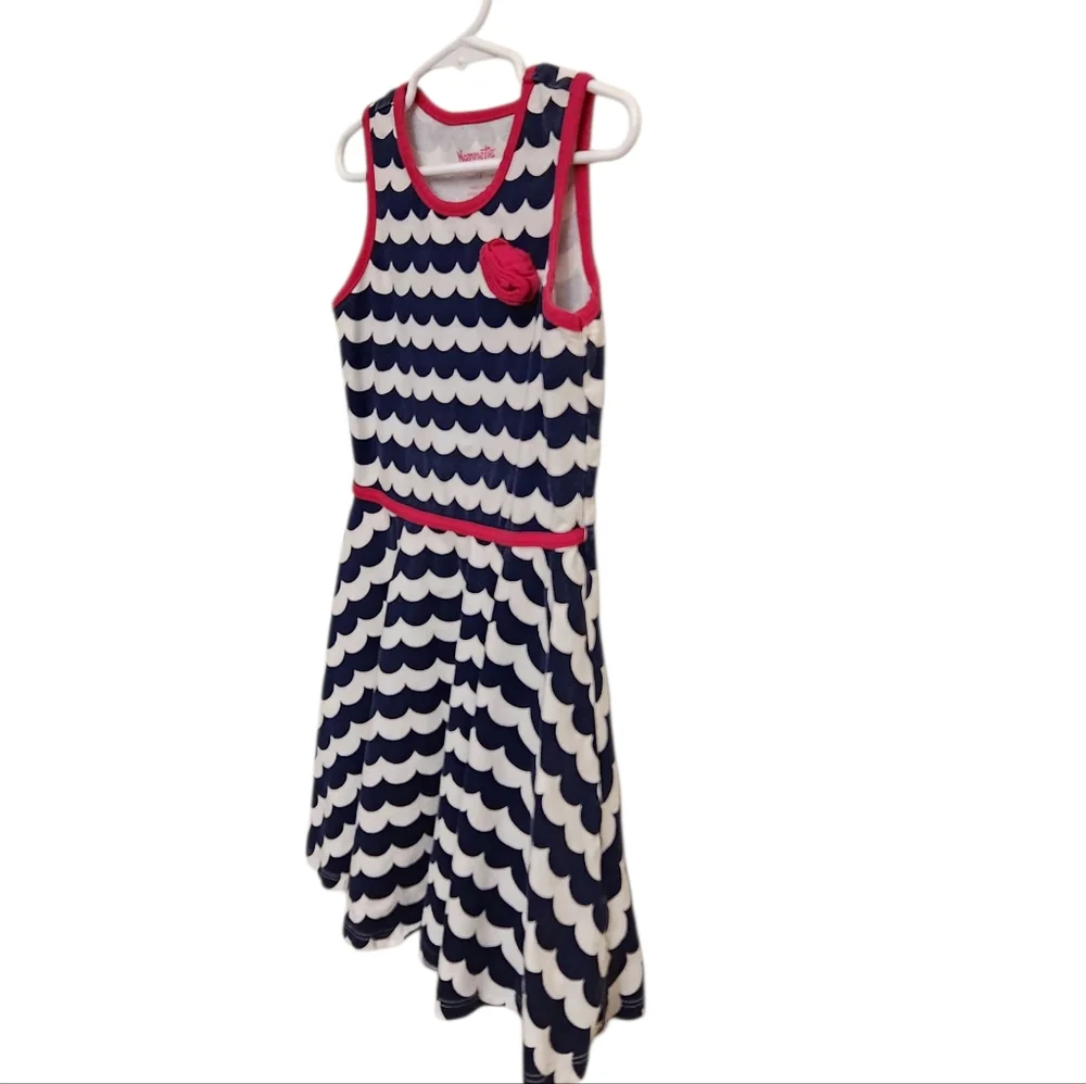 Nannette Navy & White Striped Wave‎ Girls Sleeveless Dress with Pink Trim & Rose